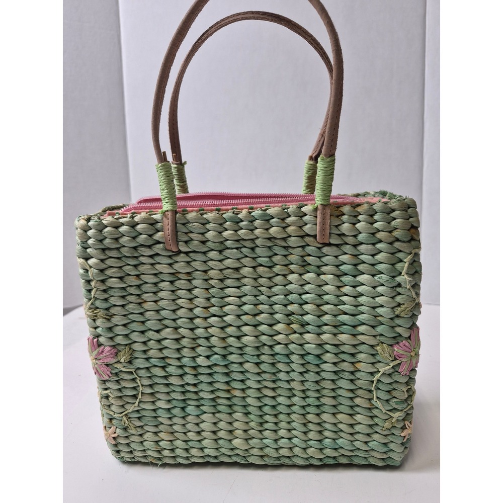 Vintage Woven Cornhusk Floral Embroidered Tote Bag Green Pink Polka Dot Lining
